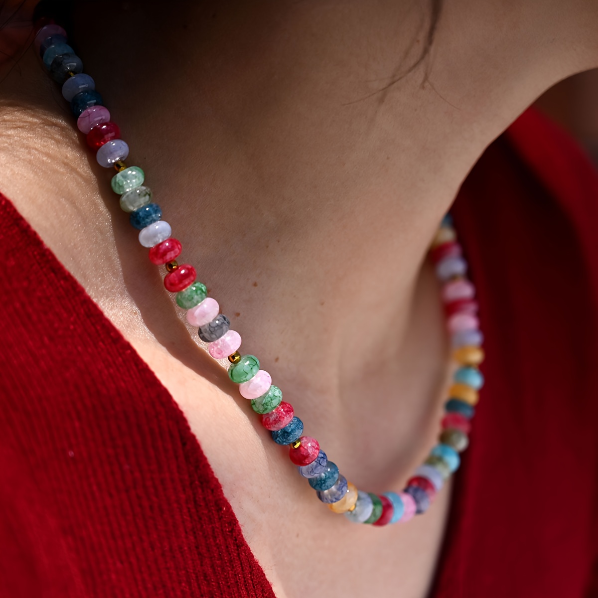 TEMU Collana con perline di vetro da 8 mm, design originale facile, collana con colori morbidi, collana a per donne, accessori di gioielleria