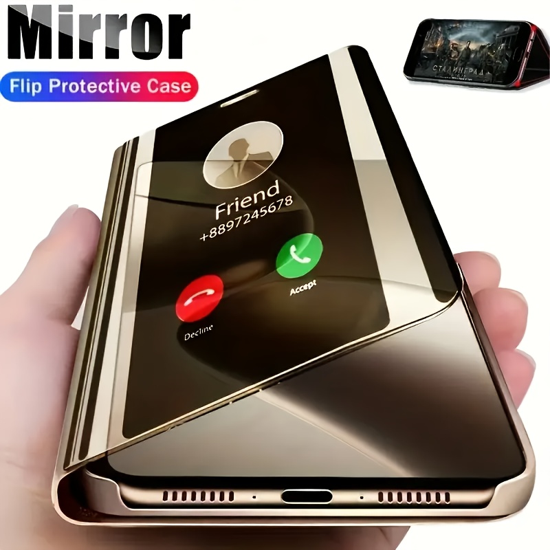 High Quality Luxury Mirror Flip Phone Case for lphone 16 Pro Max 16 Pro 16 Plus 16 15 Pro Max 15 Pro 15 Plus 15 14Pro Max 14Pro 14 Plus 14 13Pro Max 13Pro 13 Black And Golden Featuring A Flip Cover And A Comprehensive Protecion holder Phone Cover