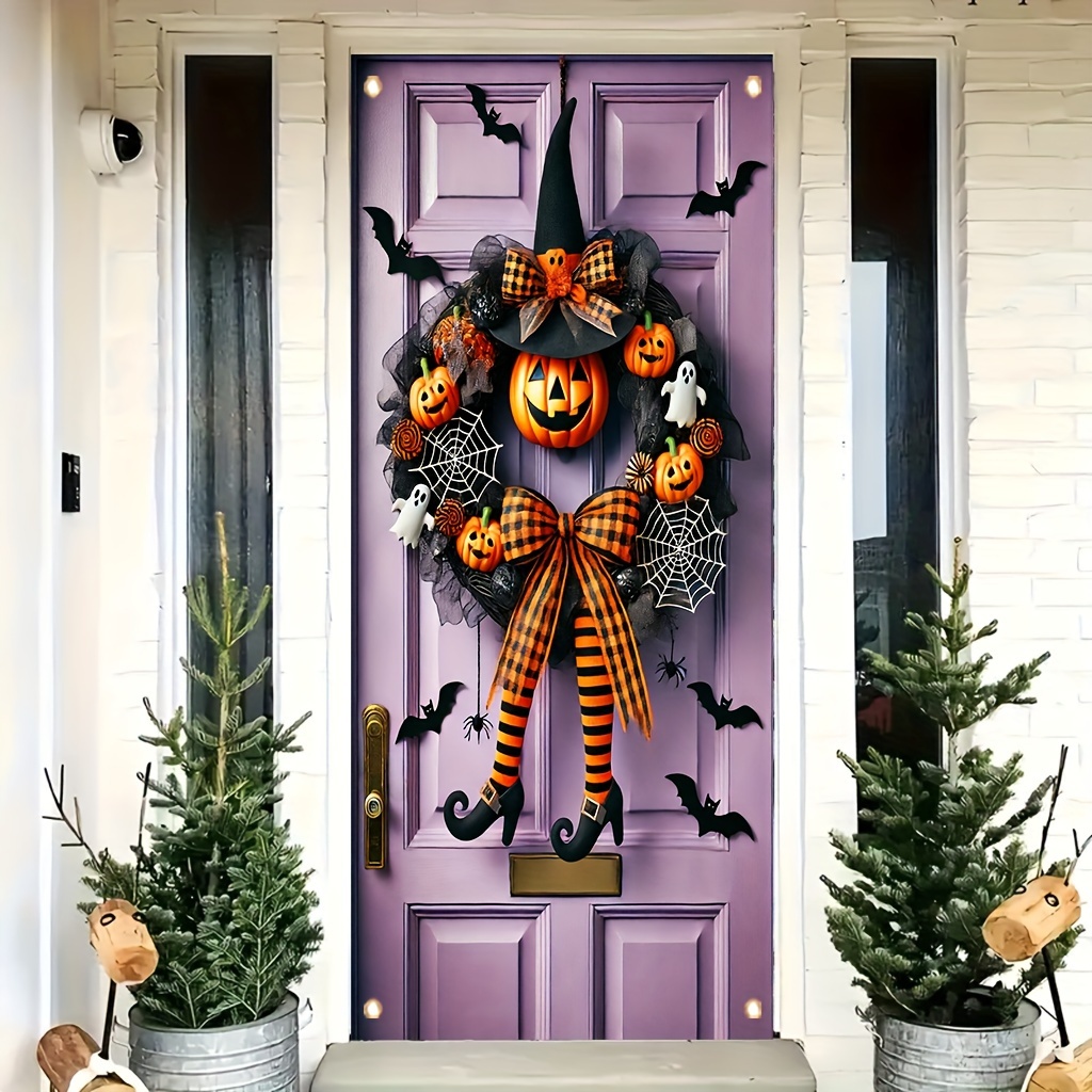 

1pc, , Polyester Pumpkin Wreath, 35x70 Inches, Vertical Door Banner, Seasonal Front Door Decor, Home & Kitchen Wall Art, Party Decoration