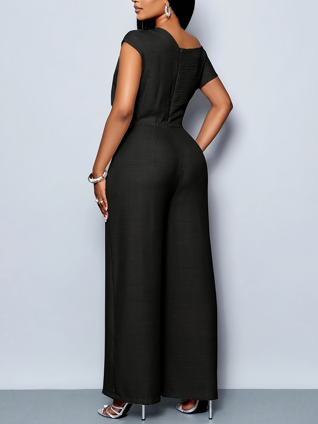 Women's Commuter Elegant Solid Color Daytime Outing Casual Simple Off-Shoulder Asymmetric Neckline Shoulder Pleat Short Sleeve Wide-Leg Jumpsuit, Valentine's Day Outfit