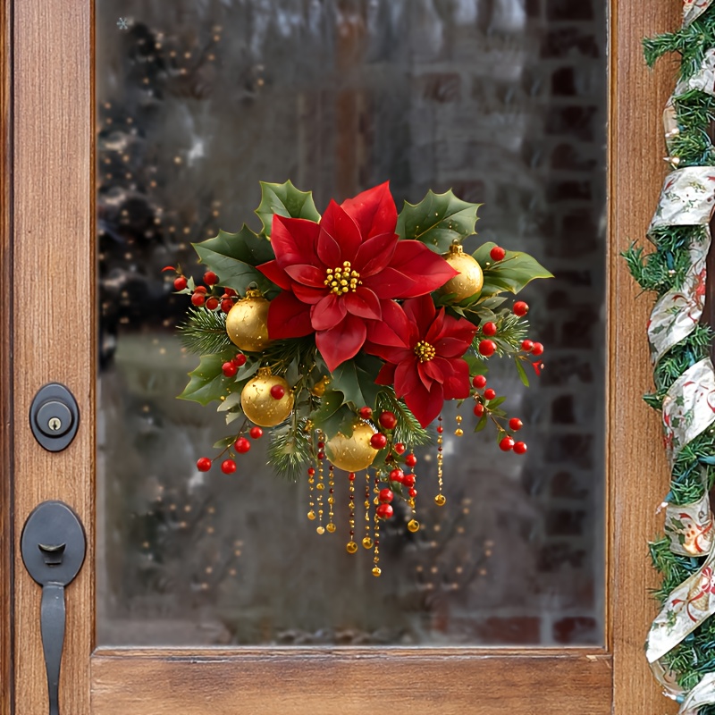 Image of Pvc Removable Window Stickers Featuring Christmas Poinsettias And , Perfect For Decorating Your Living Room, Bedroom, Or Kitchen. Easy-to-apply Holiday Decorations Green Leaves And , And Are Reusable