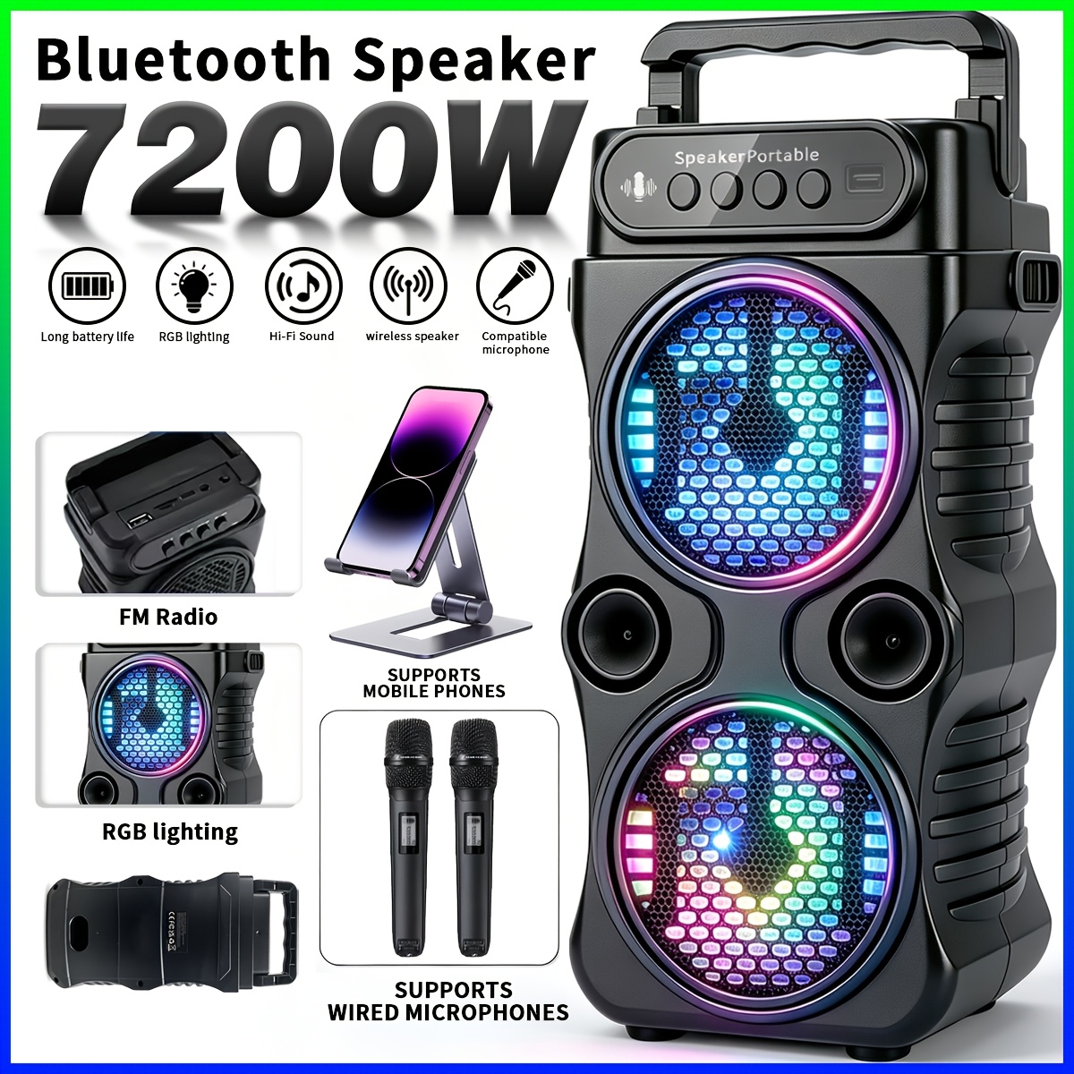 TEMU 8000w Desktop Wireless Speaker, Wireless Dual Stereo Subwoofer With Rgb Lights Usb Powered, Karaoke . Sound, Punchy , Long . Ideal For Camping,