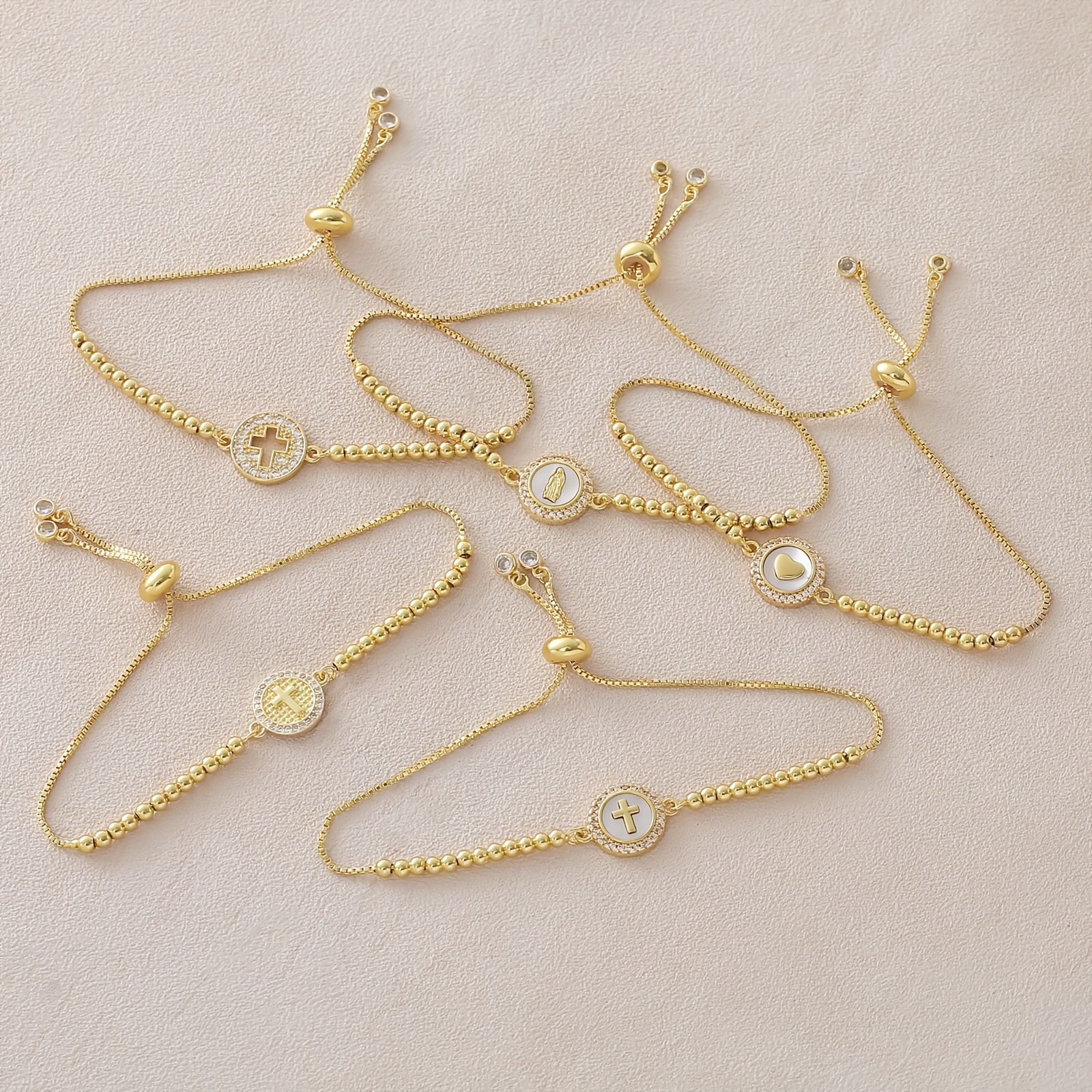 Women's 18K Gold-Plated Adjustable Bead Bracelet with Cross Pendant
