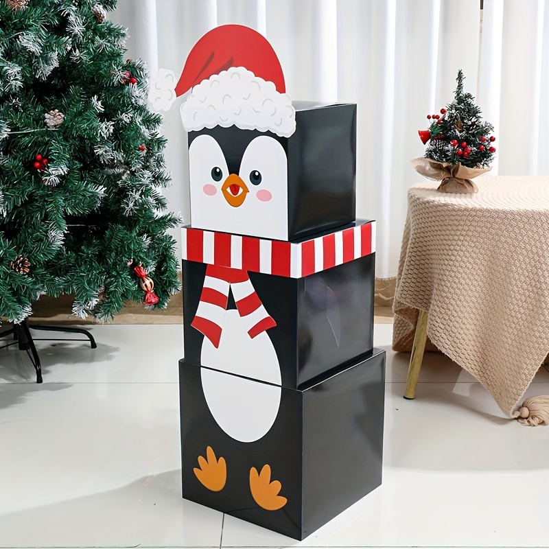 

3pcs Christmas Penguin Stacking Gift Boxes - Decorative Nesting Paper Presents For Holiday Wrapping & Party Supplies, Best For Christmas