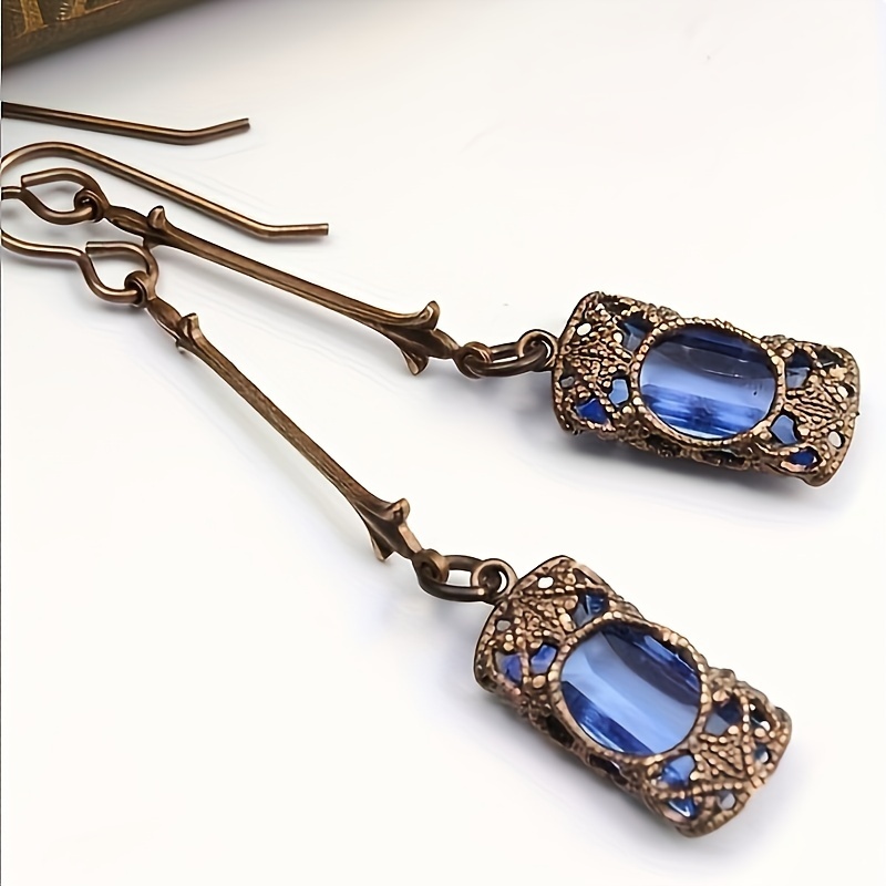 

Elegant Vintage-inspired Long Drop Earrings With Gemstones - Antique Bronze , Alloy For Casual Attire & Gifting