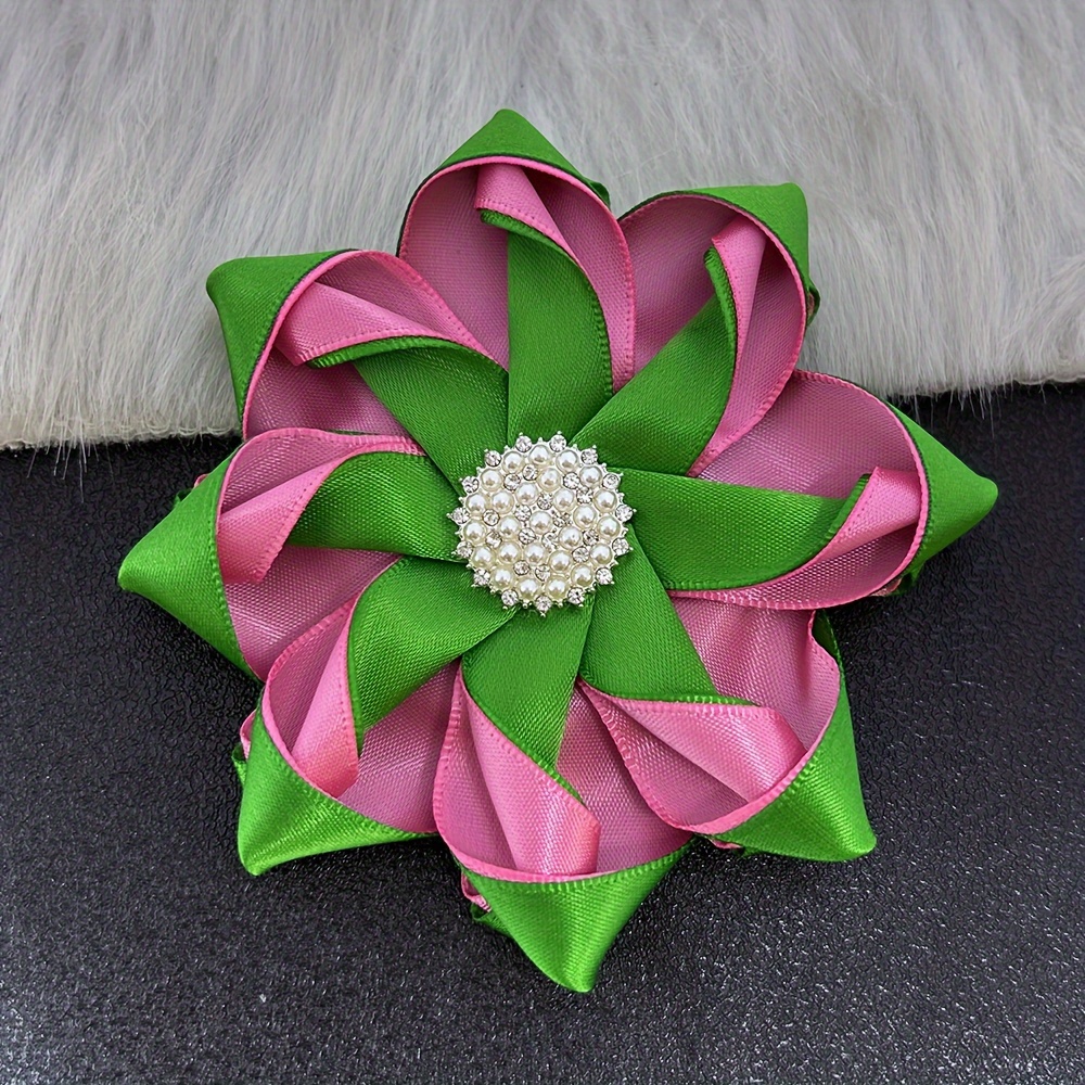 1pc elegant luxury pearl center green pink silk ribbon - Temu display picture 1