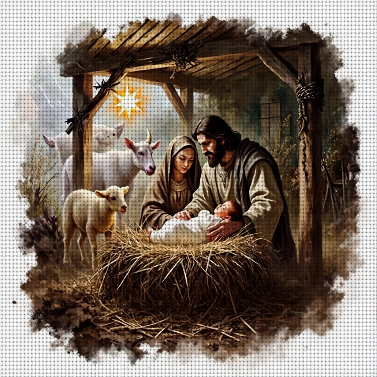 TEMU 1pc Printed Stitch Kit, Frameless "nativity Scene With Sheep" Design â Perfect For Beginners To Relax And Craft, Suitable For Home Wall