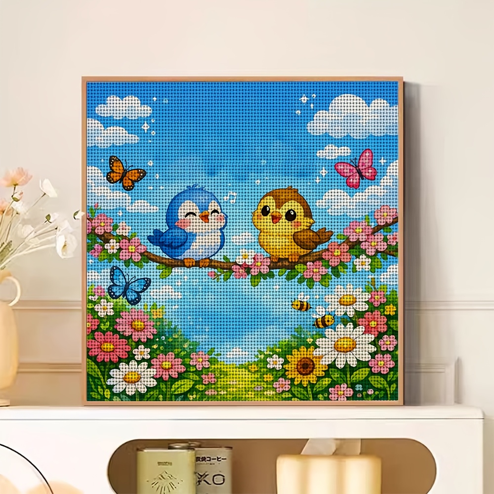 Frameless Cross-Stitch Printed Kit Featuring Two Birds Singing on a Branch