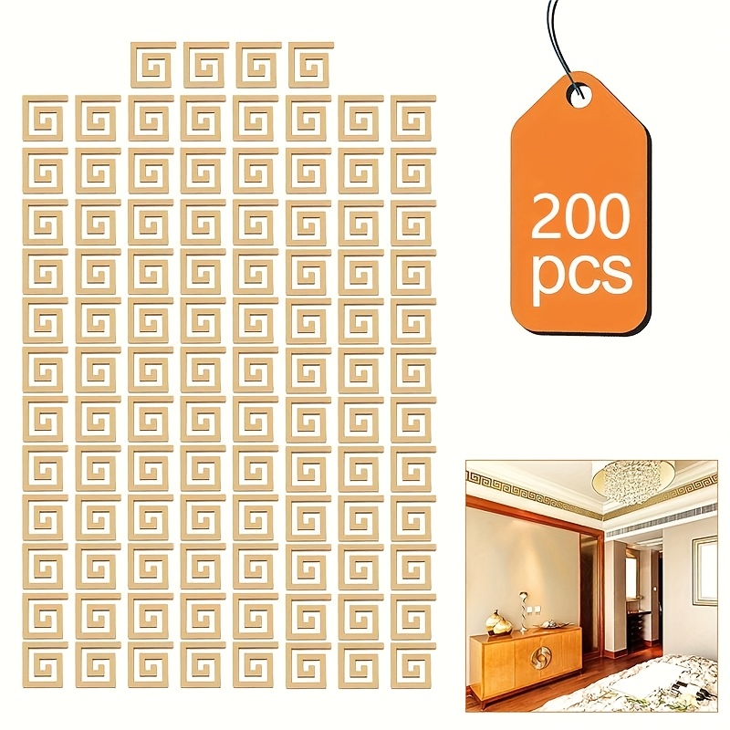 200pcs, Golden Geometric Thread Acrylic Mirror Wall Stickers, Shatterproof Self-adhesive Corner Line Skirting Ceiling Stickers, Geometric Greek Border Stickers