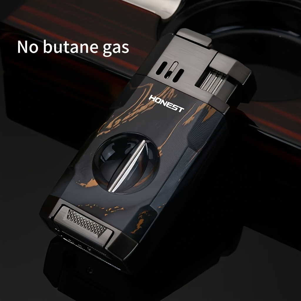(Fuel Not Included) Cigar Lighter, Torch Lighter With V-shaped Cigar Cutter, Built-in Cigar Clip, Visible Air Window, Cigar Torch Lighter, Cool Lighter Suitable For Candles, Dual Windproof Jet Flame, Integrated Torch Cigar Lighter With Double Flame