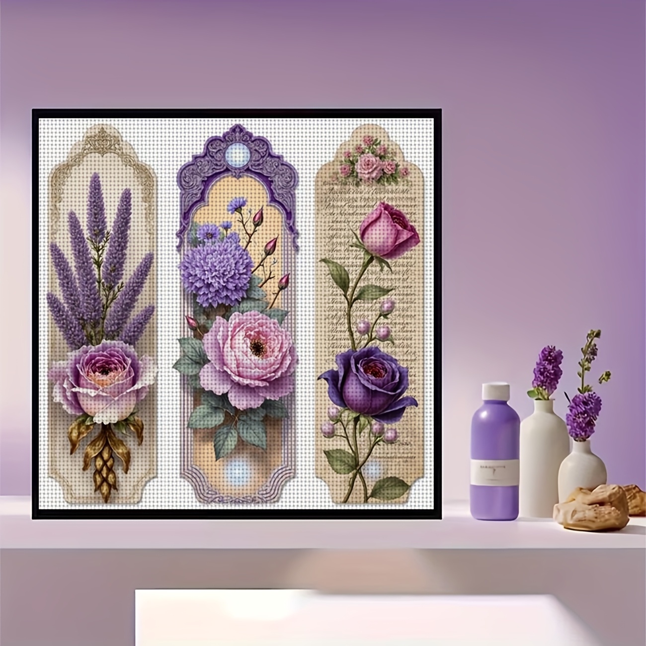Cross-Stitch Printing Kit, Three Purple and Pink Floral Decorations