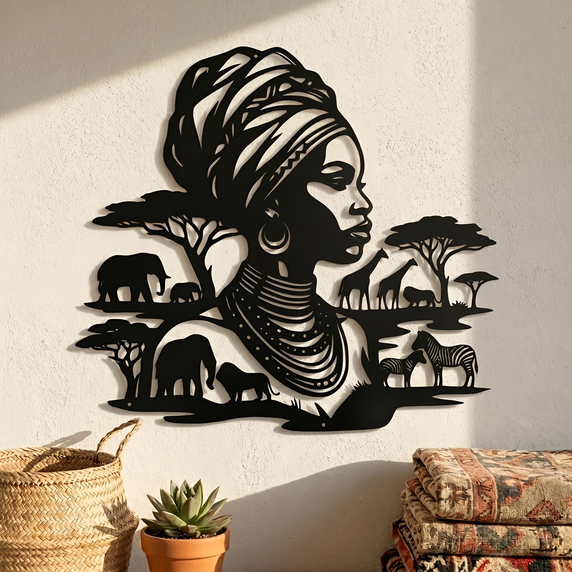TEMU 1pc African Women Metal Wall Art, Wildlife Decor, Black Metal Hanging Sign, Home Decoration, Scene Decoration, Themed Party Decor, Wall