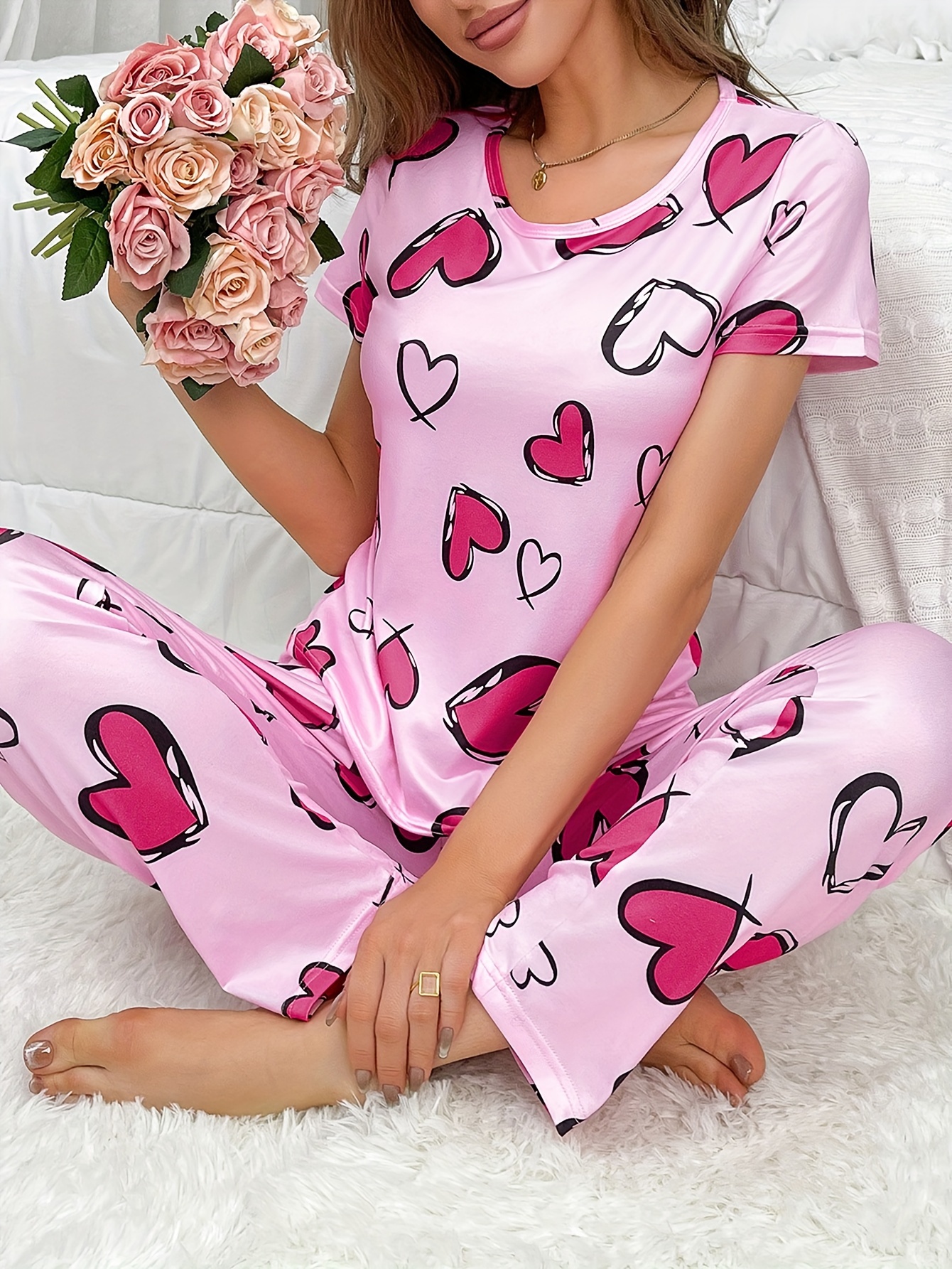 AnyBody Cozy Knit Novelty Print Pajama Set Hthr Blush/Hearts XS