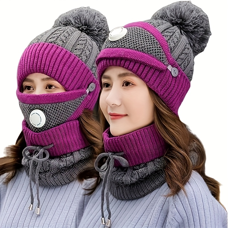 

3pcs Set For Women - Knitted Warm Hat, Scarf, And Neck Warmer With Fabric, Solid Color, Hand Wash Only