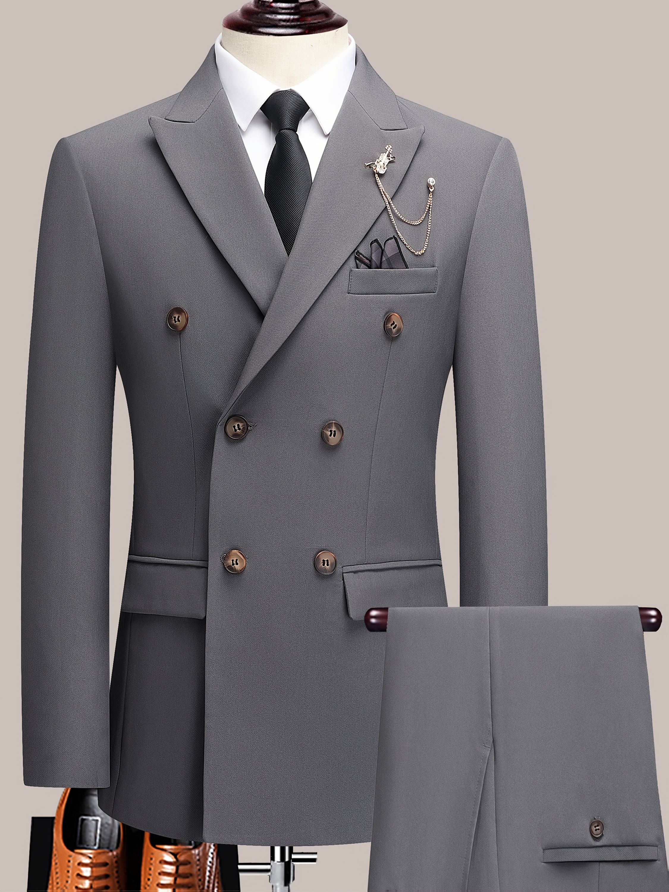 Men'S Beige Double-Breasted Suit with Peaked Lapels - Formal Business & Wedding Attire, Non-Stretch Polyester Blend, Double-Breasted Jacket with Four Buttons, Matching Pants, Wedding Attire|Classic Fit|Polyester Blend