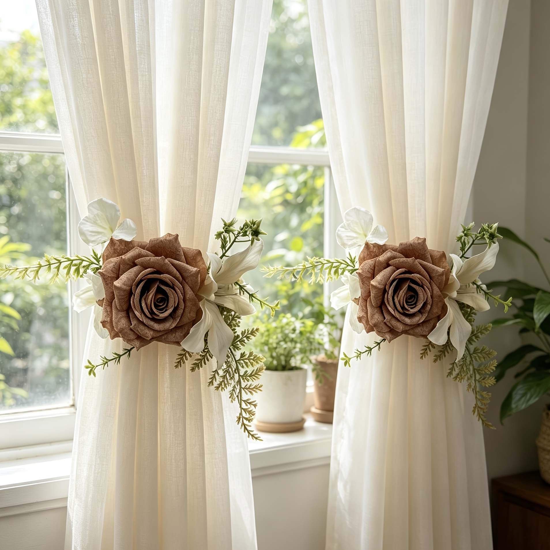 TEMU 2pcs Handmade Floral Curtain Tiebacks, Flower Curtain Holders, Decorative Window Drapery Tie Backs For Living Room Bedroom Home Decor, Elegant