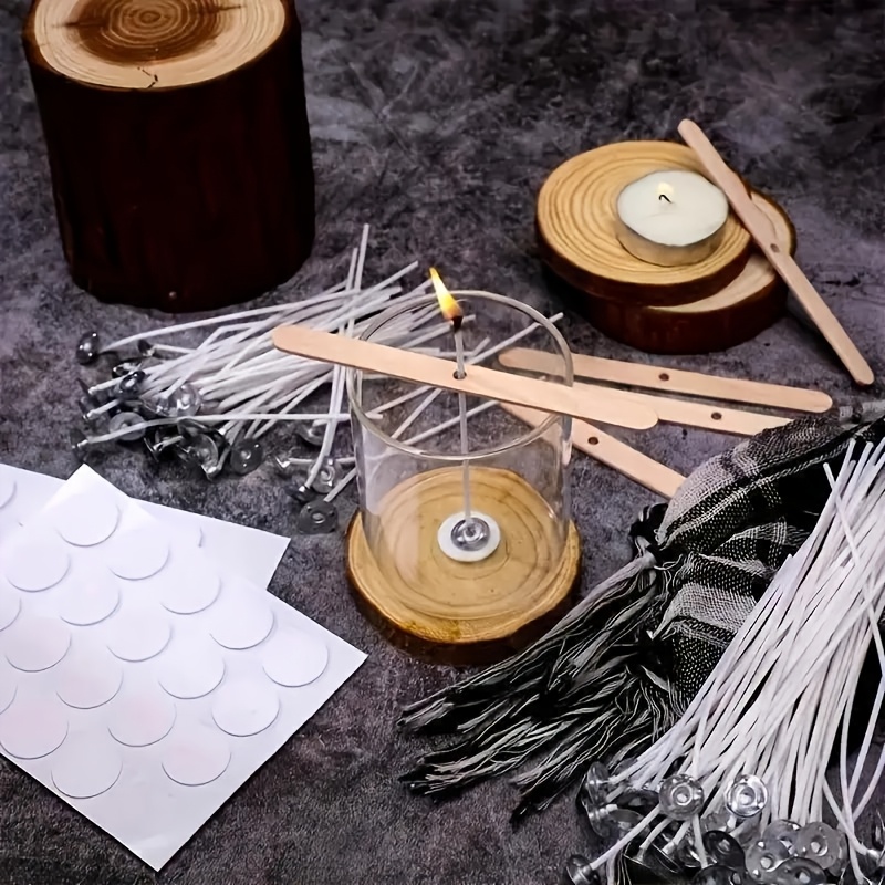 115pcs Candle Making Kit with 50 Wicks in 10cm, 15cm, 20cm, 60 Wick Stickers, and 5 Wooden Holders for Soy and Beeswax Candles