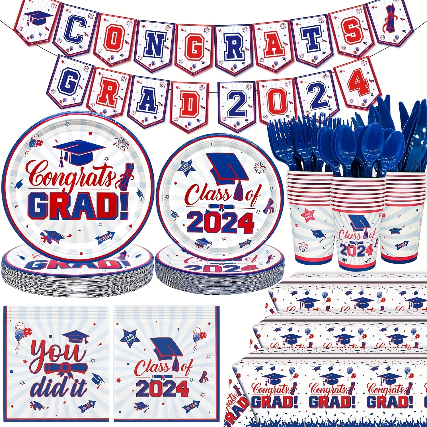 

187pcs Red And Blue 2024 Graduation Decorations Graduation Plates And Napkins 2024 Red White And Blue Graduation Party Supplies 2024 Graduation Party Decorations Graduation Decorations Class Of 2024