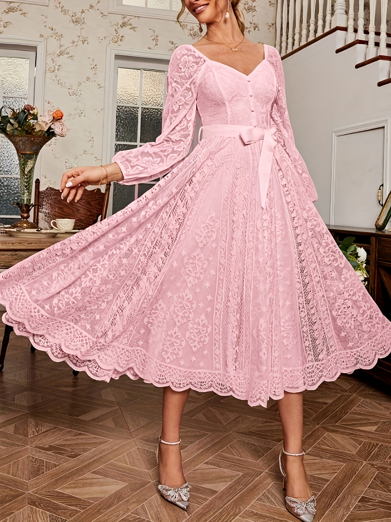 wedding guest dress womens new elegant retro lace fan shaped - Temu Oman