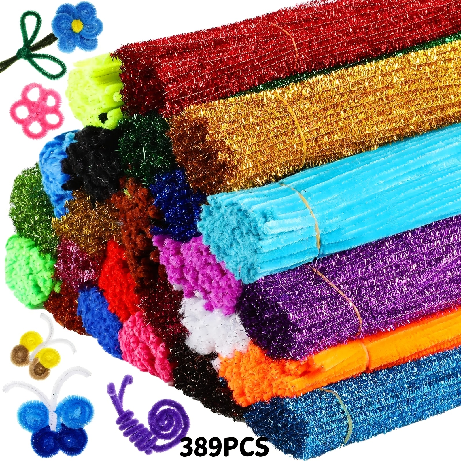 TEMU 389pcs Chenille Root Pipe Cleaning Brush, Assorted Mixed Colors, Glitter Chenille Root, Handmade Beading Material, Plush Stick, Diy Arts And