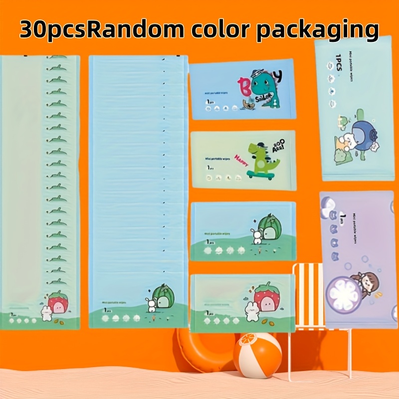 Image of 30pcs Portable Travel Wipes - Non-woven, Easy-to-carry Camping And Bag, Cute Cartoon Design, Including Paper Towel Holder, Outdoor Hygiene | Vibrant Packaging | Wet Wipes
