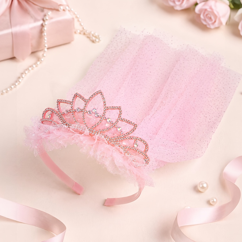 TEMU 1pc Princess Rhinestone Crown Headband With Sparkling Pink Tulle Veil Hair Accessory For Cake Smash And Birthday Photoshoot