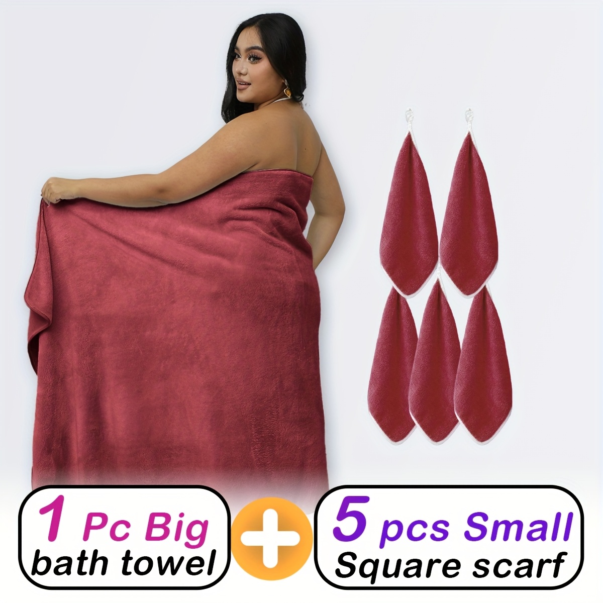 Image of 6pcs Set Plus Size Bath Towel Set For Curvy Women, 1 Extra Large Fleece Body Towel (200x100cm) + 5 Small Bath Towels (35x35cm), Quick-dry, Lightweight, Absorbent, Multiple Colors