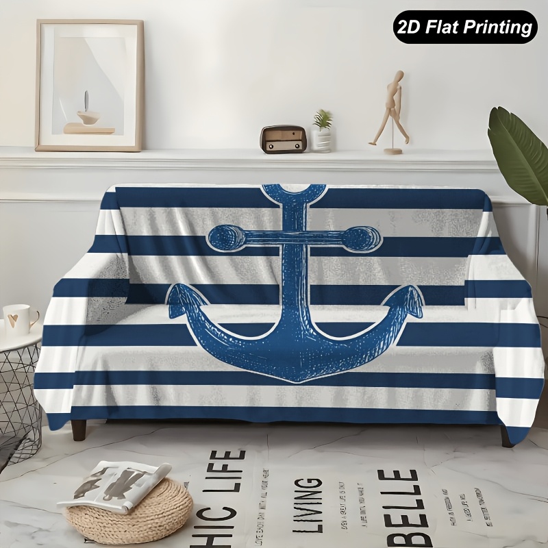 TEMU Asciugamano per 1 pz, a righe con blu navy e , stile nautico, a , questa copertura multifunzionale per 癡 perfetta per decorare divani da una a