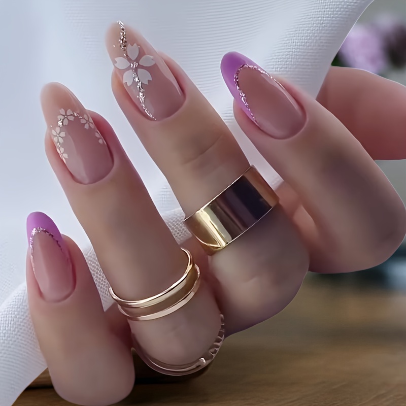TEMU 24/clear Naked Gradient Nail Art With Floral Petals & Fine Glitter - Medium Length Shape Glossy Finish, Spring- For Date Nights, Afternoon Tea &