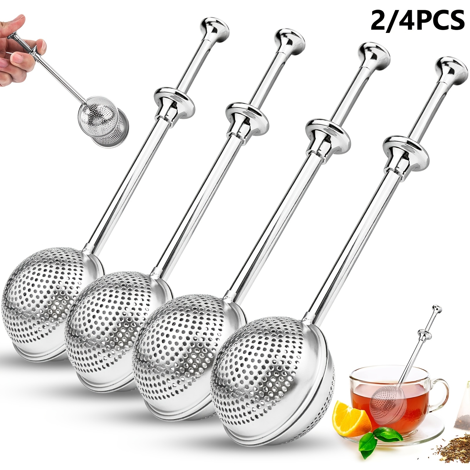 

2/4pcs Stainless Steel Tea Strainers Set, Press-style Infuser Tea Filters, Telescopic Tea Ball Separator For Brewing, Ideal For Office And Restaurant Use