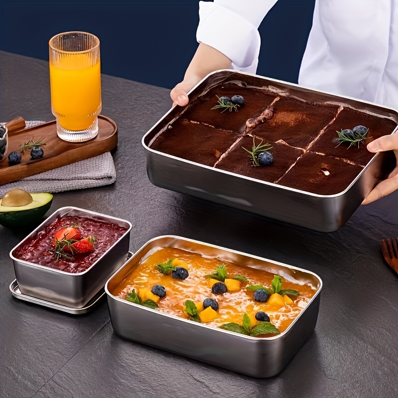 

1pc Stainless Steel Rectangular Baking Pan, Deep Baking Tray For Tiramisu, Multi-purpose Plate, Fruit Plate, Kitchen Baking Supplies, For Restaurants Bakeries Eid Al-adha Mubarak