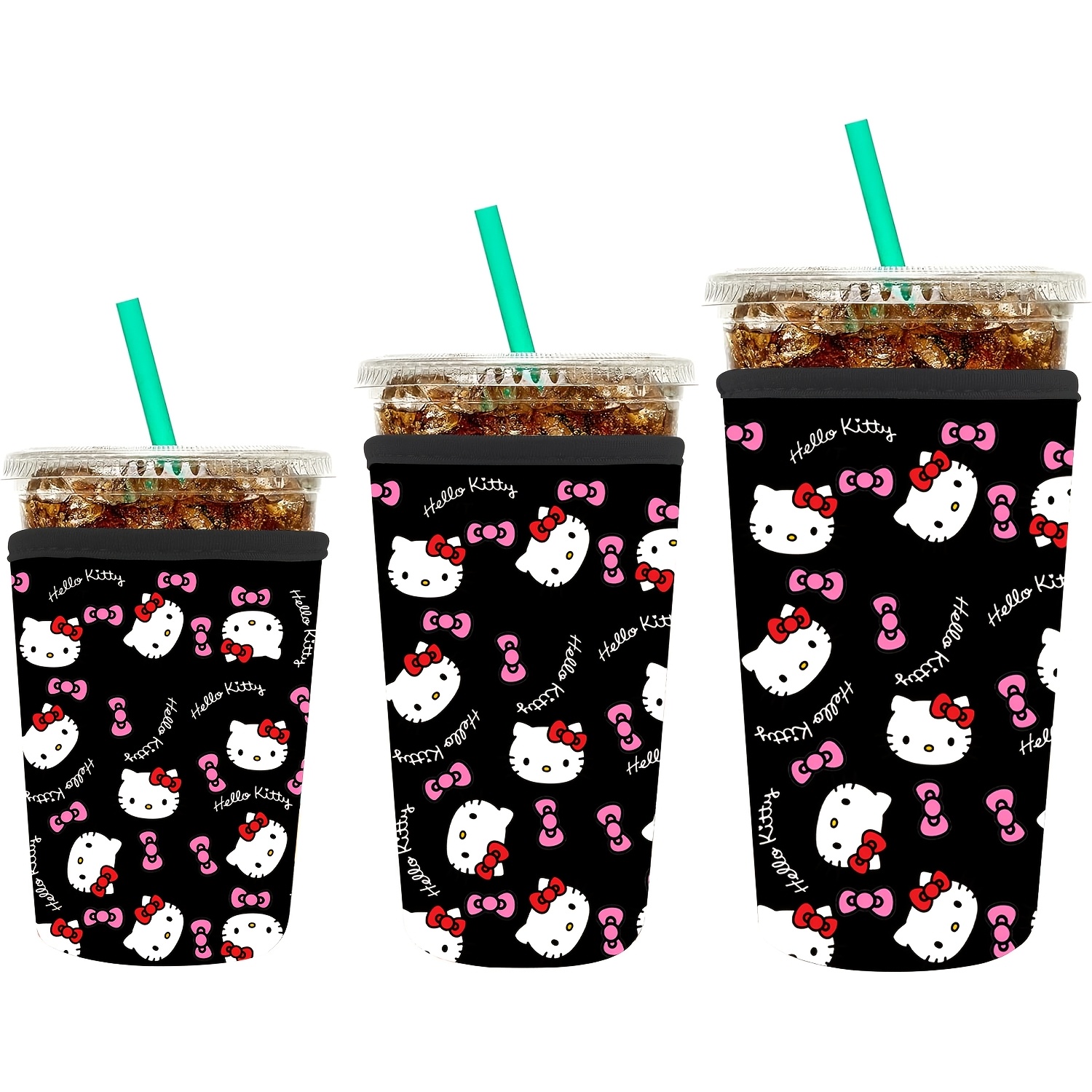 TEMU Hello Kitty Neoprene Cup Sleeves (3pcs Set): Elastic, Reusable, Insulated Iced Coffee Cup Sleeves, Suitable For Small, Medium, And Large Cold