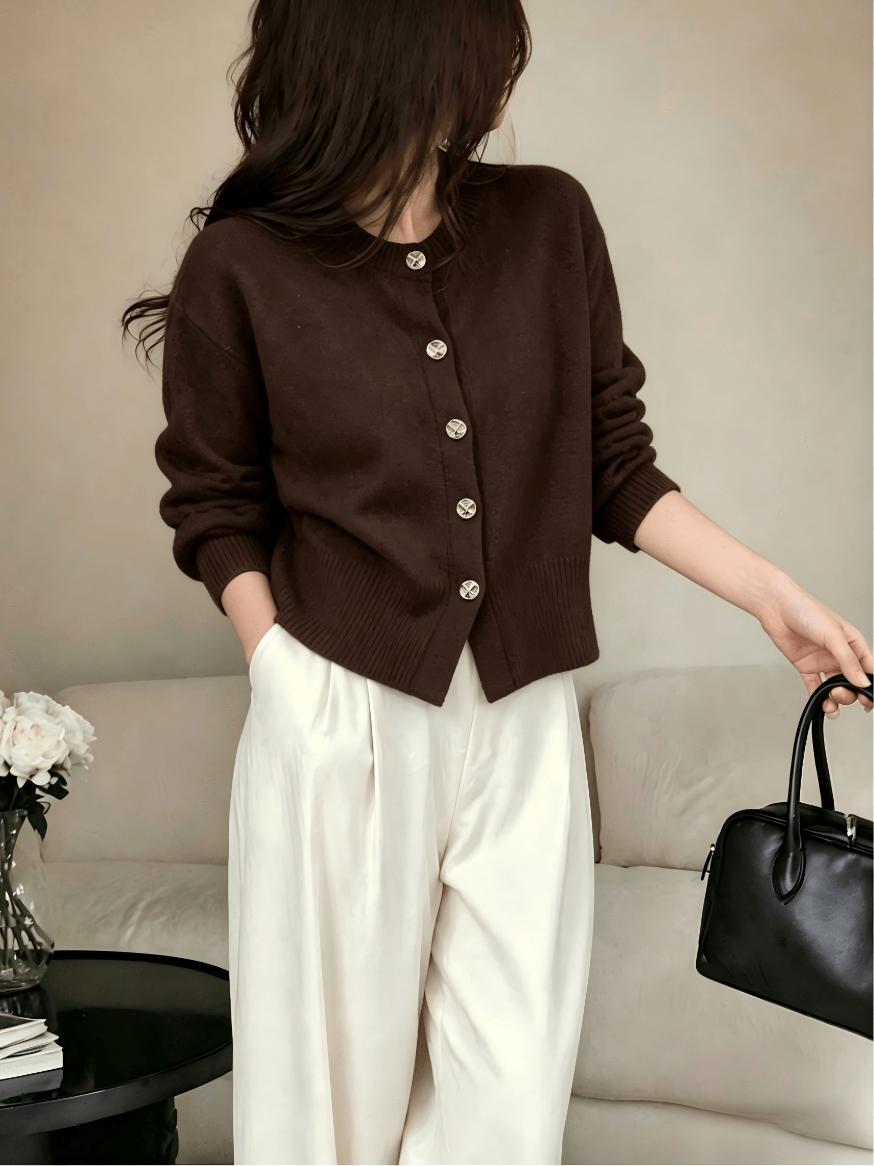 Cozy Women's Cardigan With Floral Button Accents, Soft Stylish Cardigan For