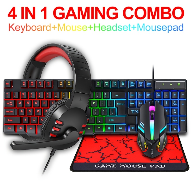 T-WOLF TF800 Four-piece Gaming Combo 104 Keys Keyboard 4-color Breathing Light Mouse 3.5mm Gaming Headset Anti-slip Mouse Pad