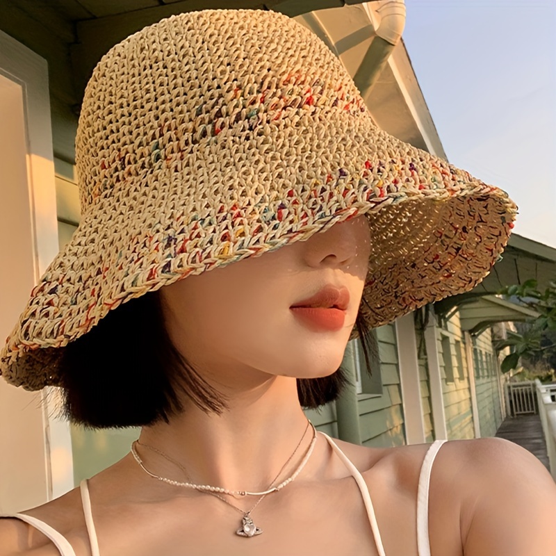 Hollow Crochet Boho Sun Hat, Bucket Hats Wide Brim Bowknot Travel Beach Hats Breathable Casual Straw Hats,Temu