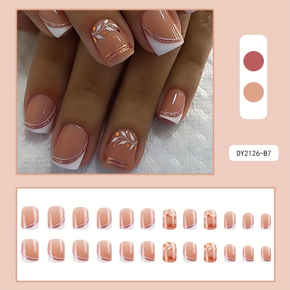 TEMU 24 Stück Damen Glänzende Quadratische Runde Französische Roségold Weiß Gestreifte Blatt Pressnägel inkl. 1 Set Zubehör für Hochzeiten Feiern