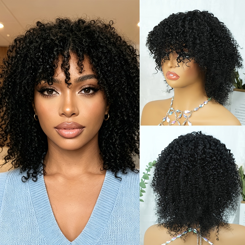 Afro Human Hair Wig With Bangs Layered Short Curly Style Wig 200% Density Brazilian Hair Full Machine Made Wig For Women Natural Black For Women Breathable And Comfortable Use Wigs