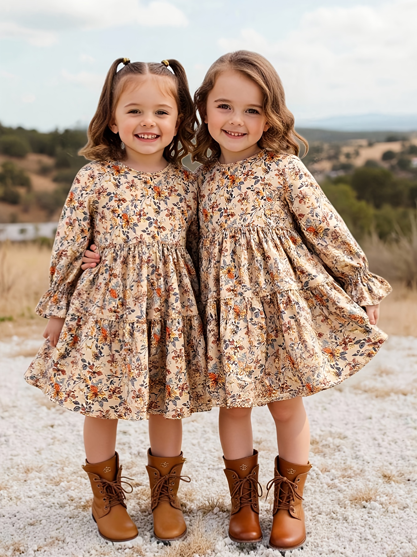 Girl's Autumn Retro Floral Print Long Sleeve * Skirt Dress, Fashion Casual  Dress, Suitable for Outdoor Wear, Perfect Gift for Kids