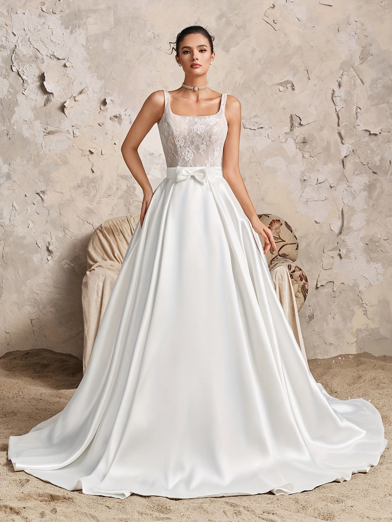 ' Elegant Sleeveless A-Line Wedding Dress with Short Lace Skirt & Train -  Long A-Line Bride Gown, Detail, Large Skirt Spread for Wedding Ceremonies  (Spring/Summer) - Ready-to-Ship
