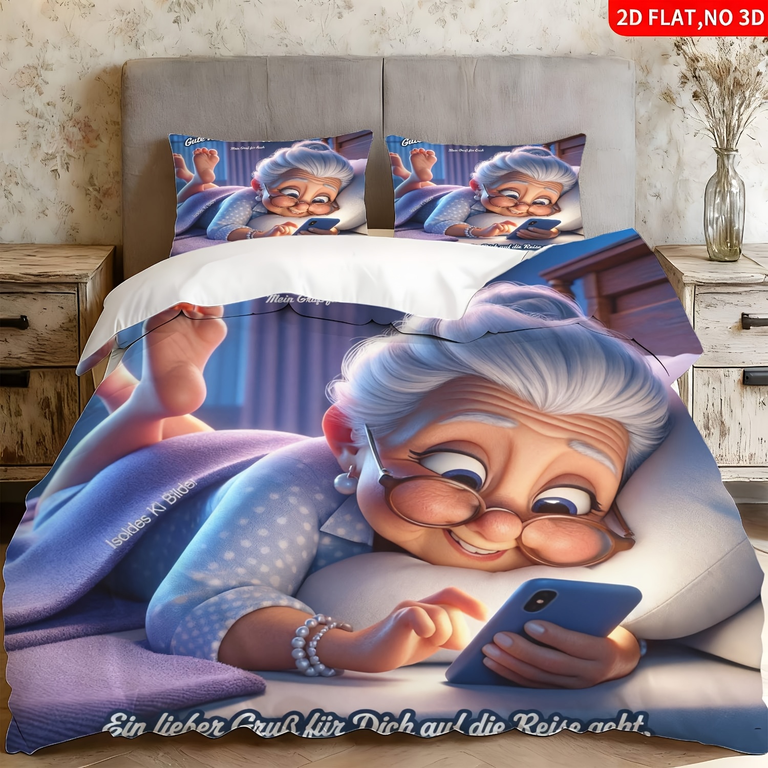 TEMU 2/3pcs 2d Flat Printing Vintage Grandma Pattern Quilt Cover Bedding Multiple Base Colors Elderly Character With 