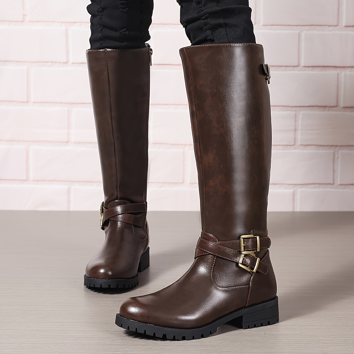 elegant womens knee high boots straps side zipper Temu