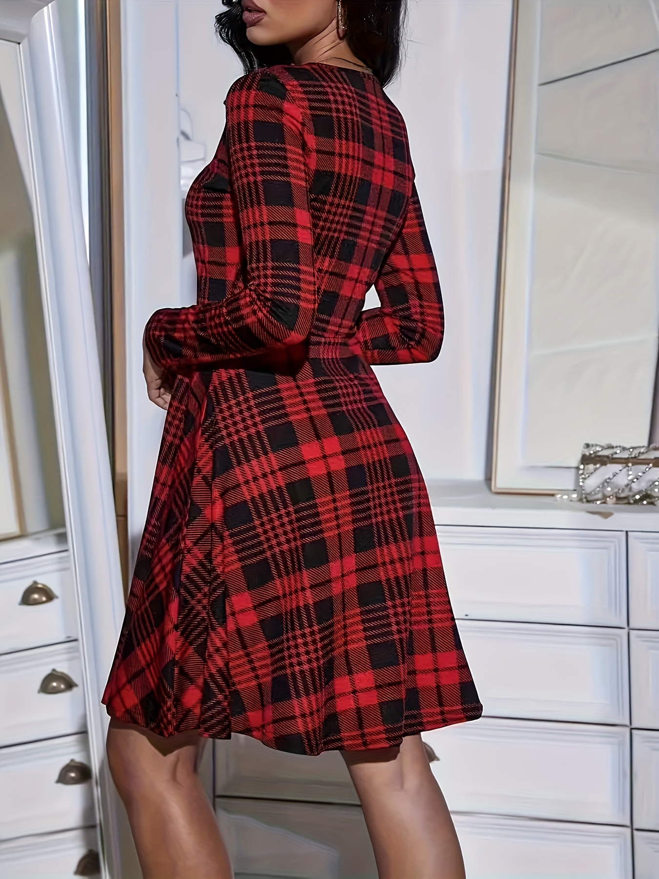1pc Women'S Elegant Plaid Print Knit Dress Long Sleeve Round Neck Fit  Dress for Casual Polyester