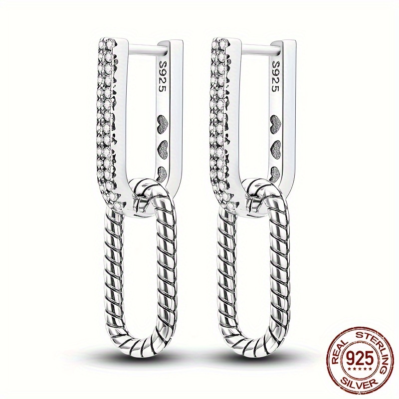 

Elegant 925 Sterling Silvery U-shaped Double Ring Earrings With Snake Pattern - Hypoallergenic, Cubic Zirconia Accents, Perfect Gift For Her