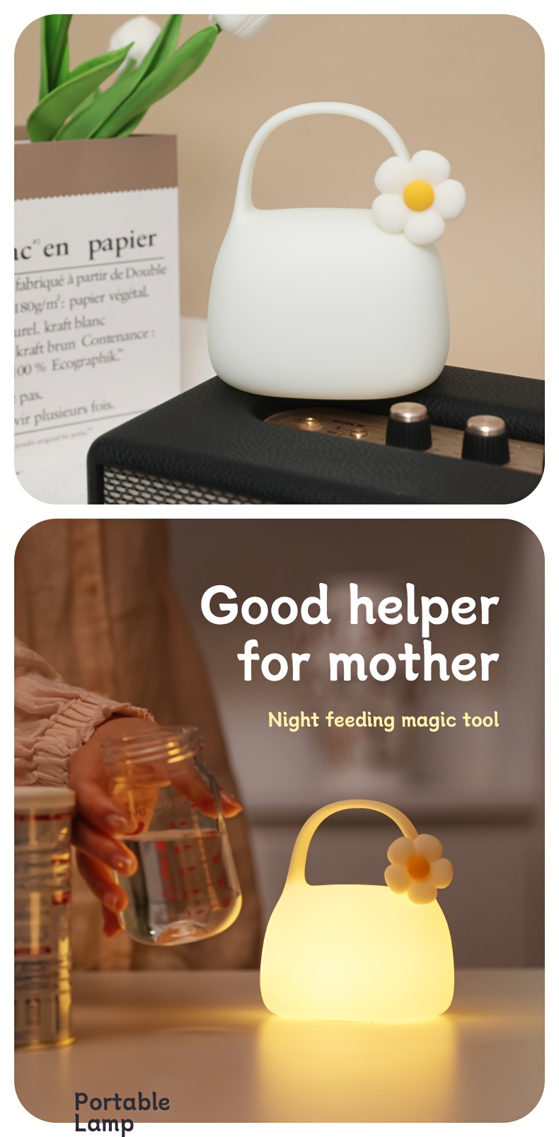 1pc modern rechargeable floral handbag night light for bedroom touch control adjustable brightness usb powered portable led bedside lamp with detachable flower details 9