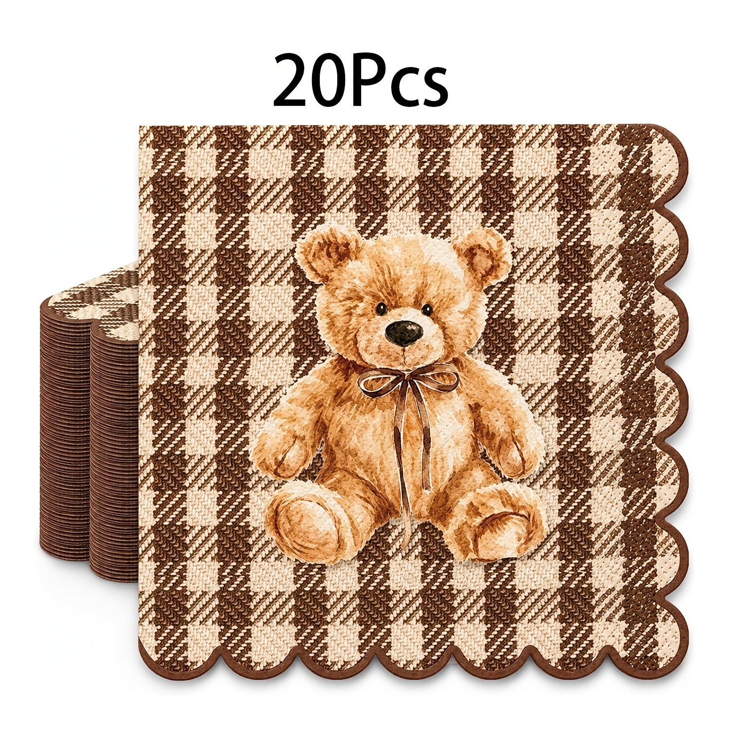 TEMU Lot de 20 à 60 serviettes jetables à motif en peluche vichy marron et beige shower et fête d'anniversaire - Mouchoirs en papier à bords