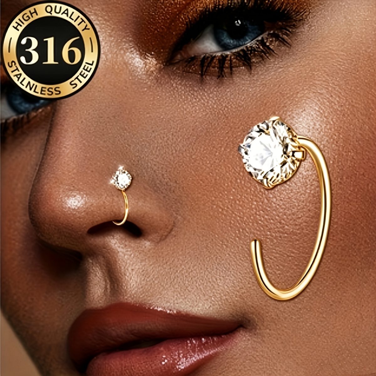 TEMU 1pc Fashionable And Minimalist Style Steel Synthetic Synthetic Zirconia Inlaid 20g Nose Ring Earring, Hypoallergenic Piercing Ring, Suitable For