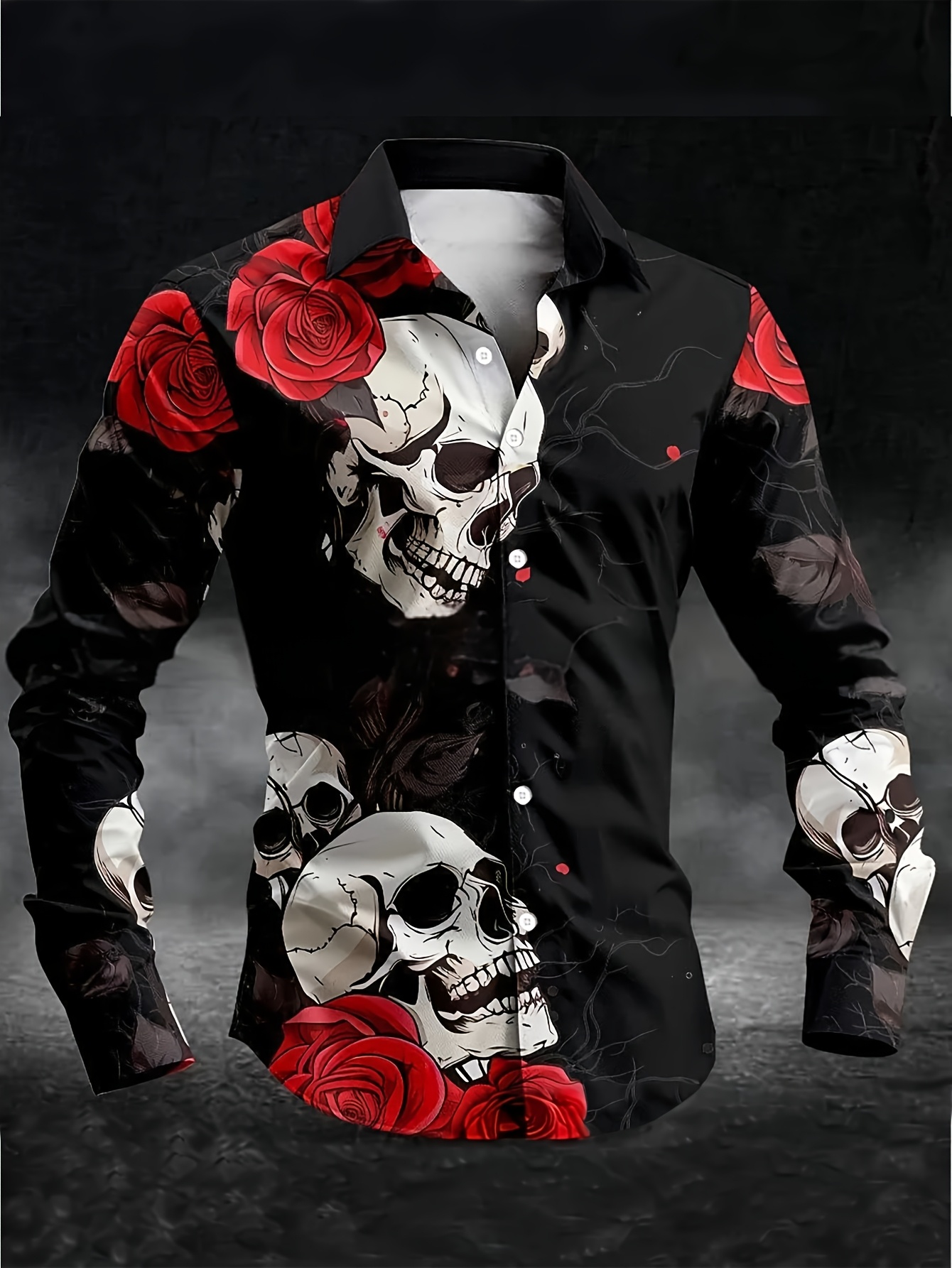 men's casual fashion long sleeve skull rose print shirt Temu Germany