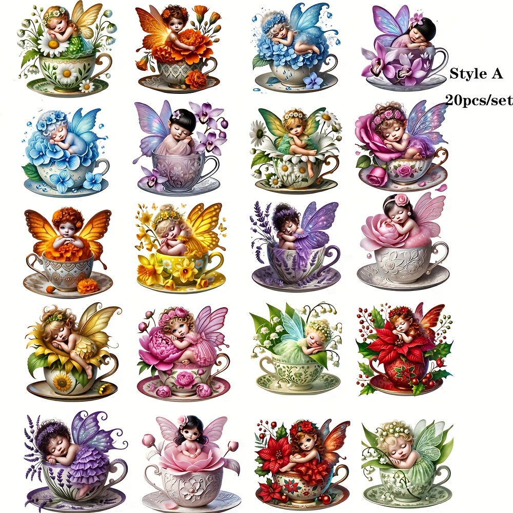 20pcs Cute Flower Fairy Series Handmade Stickers - Retro Cartoon Teacup Design, High Quality , Vibrant Floral Anime Fairies, Self-adhesive For Diy Notebooks, Journals, Albums, Wood Surfaces