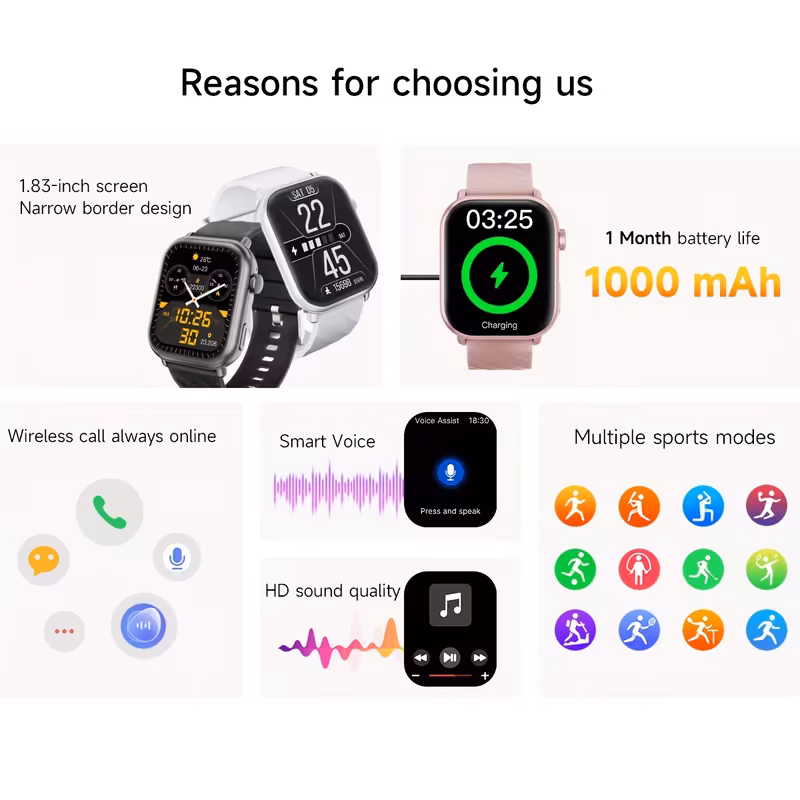 smart watch with 1000 mah large battery for long 1 83 inch screen built in speaker multiple sports wireless calling message notification music player high quality smart watch suitable for men and women Product details 0