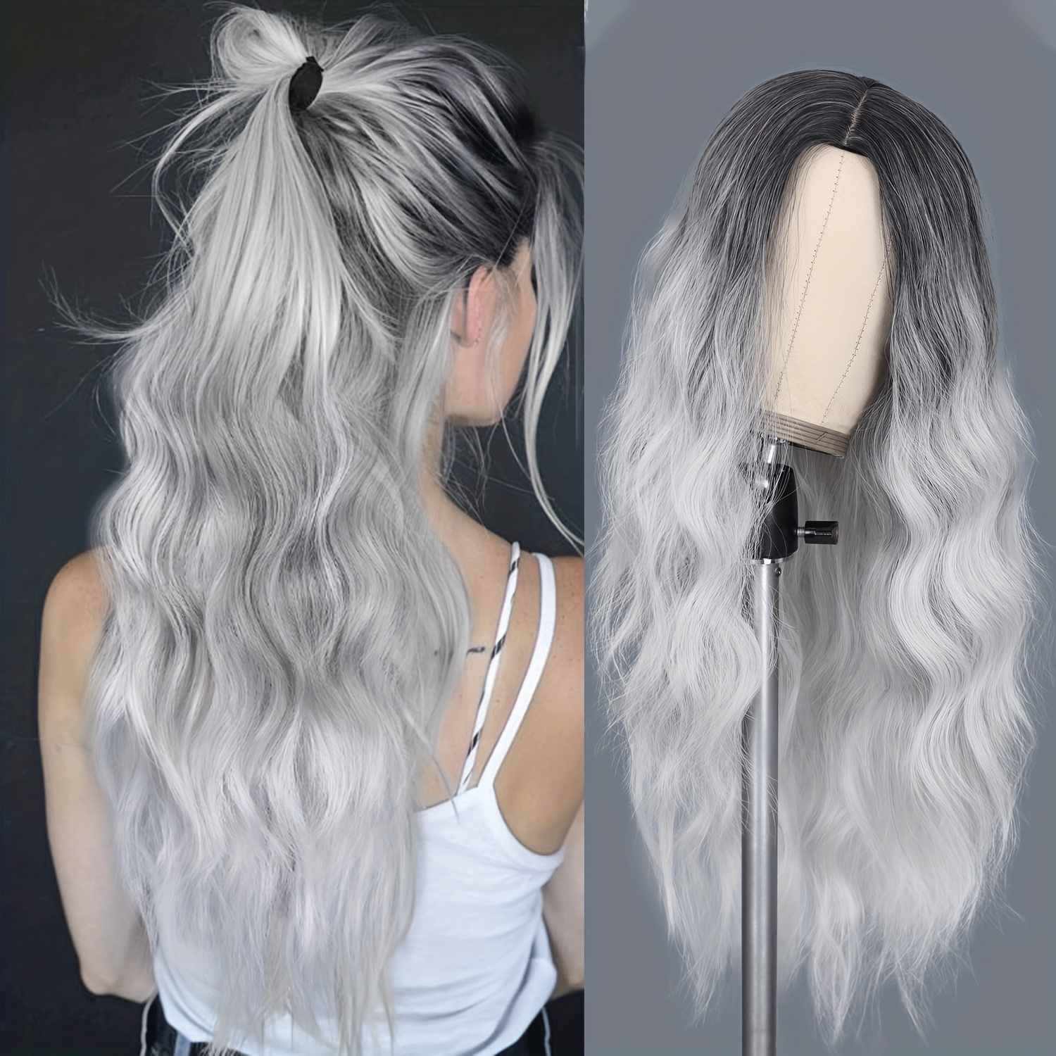 26 inch long wavy synthetic wig ombre silvery gray wigs - Temu display picture 1